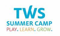 TWS Summer Camp logo with slogan "PLAY. LEARN. GROW.", blue and multicolored text
