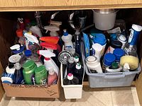 Boxes and bins filled with assorted cleaning spray bottles, dishwashing liquids, sponges, and brushes placed under kitchen sink.
