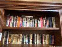 Two wooden shelves filled with various paperback and hardcover fiction books, including titles about or by Shakespeare, Walt Whitman, and LGBTQ+ literature.