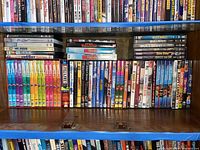 Shelf view showing a wide range of DVD titles stacked horizontally and vertically, including Monty Python collections and other classic films.