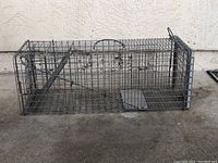 Metal wire rectangular live animal trap with handle and animal-door mechanism against white wall on concrete.