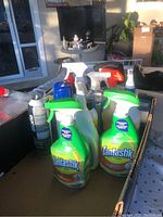Photo showing 13 bottles of household and car cleaning products on a table, including multiple Fantastik bottles and a black car care spray can.
