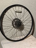 Photo showing a black bicycle rim with spokes, mounted with a cassette and disc brake rotor.