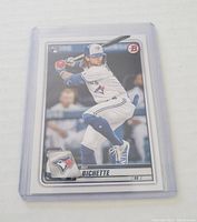Front view of Bo Bichette rookie card showing player in batting stance with Toronto Blue Jays uniform, Bowman logo, and rookie card designation.