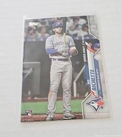 Front of Bo Bichette rookie baseball card showing player in blue Jays uniform, card number 129/2019