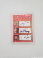 Front of Iconic Ink Triple Cuts card showing facsimile autographs of Vladimir Putin, Donald Trump, and Kim Jong Un.