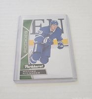 Front view of William Nylander rookie card showing player in Toronto Maple Leafs uniform with Parkhurst and Rookies branding.