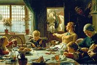 Close-up image of the print showing the detailed family interior scene with a horse at the door.