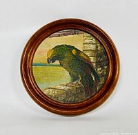 Front view showing circular wood frame and oil painting of parrot