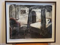 Framed original artwork showing interior scene with bed, chair, table, and framed art on wall.