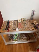 Overall view of jewelry and accessories on two-tier shelf