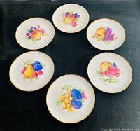 Top view of six porcelain plates arranged in a circular pattern showing various fruit designs painted on each plate, each with a thin gold rim.