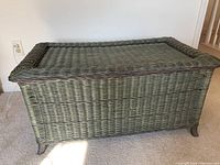 Front view of wicker storage chest showing textured woven pattern in green and black tones.