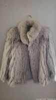 Front view of vintage white blue fox fur coat hanging on hanger against plain wall. Plush collar and natural color variations visible.