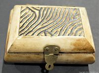 Front view of rectangular trinket box carved from bone, displaying the engraved top panel and metal clasp lock.