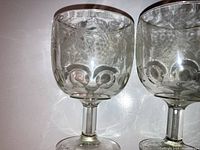 Photo showing one large clear glass wine goblet with circular pattern etched around bowl