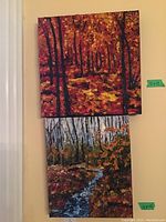 Two oil paintings by Beverley Jenkins stacked vertically on a wall, showing the sizes 12x12 and 12x10 labeled on the wall.