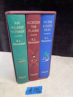 Photo of the set of three R.L. Stevenson books in a slipcase, showing the spines with titles and author names.