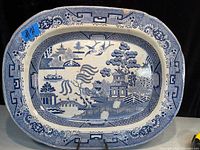 Full view of the large oval blue and white Staffordshire platter showing the entire scenic pattern and border detail.