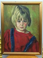 Frontal view of the framed oil painting depicting the young boy with blonde hair and blue eyes, wearing red and blue clothing.
