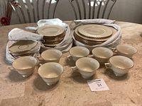 Full set showing stacks of various plates and tea/coffee cups arranged in front on a table.