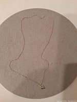 Full view of the delicate 10K gold petite necklace laid flat on a neutral grey circle background, showing the chain and clasp detail.