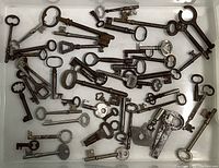 Overhead view of all vintage steel keys in white tray