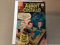 Front cover of Abbott & Costello #2, featuring Abbott and Costello being threatened by a large blue monster, with text advertising the 2nd zany issue.