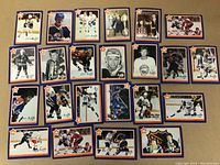 Photo of 23 Wayne Gretzky Neilson Foods vintage hockey cards arranged on surface showing different action and posed shots