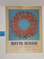 Full view of the linocut print poster showing circular red figure design on blue background with exhibit text.