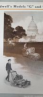 Detailed close-up of Coldwell lawn mower models G and S with U.S. Capitol background illustrating riding lawn mowers.