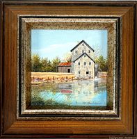 Front view of framed painting depicting a stone mill and its reflection