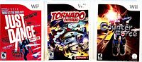 Front covers of the three Wii games: Just Dance, Tornado Outbreak, Counter Force