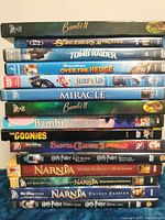 Photo showing 14 youth DVDs stacked including titles Bambi II, Sorcerer's Apprentice, Tomb Raider, Over the Hedge, Surf's Up, Miracle, Goonies, Santa Clause 3, several Harry Potter films and Narnia films.