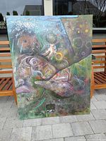 Full view of the abstract oil painting showcasing vivid colors and organic shapes on canvas.