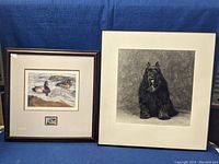 Two framed art prints side by side, one of ducks and one of a dog
