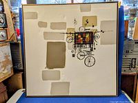 Full view of abstract silk screen on canvas with geometric and mechanical elements in beige and gray tones.