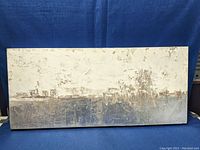 Full view of rectangular abstract canvas with layered texture and neutral tones.