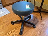 View showing overall stool with round cushioned black seat, metal adjustable column, and five caster base.