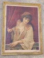 Full framed artwork showing woman named Jessica by Luke Fildes with gold-tone ornate frame