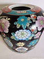 Angled view displaying floral designs and color vibrancy on large curved surface of the jar.