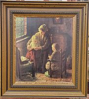 Full view of the framed painting showing a woman sewing with two children seated in a window-lit room.