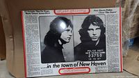Print showing Jim Morrison side and front mugshots with text about New Haven Police and The Doors.