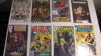 Photo showing eight comics laid out in two rows on a white surface, featuring various titles and issues as listed by the seller.