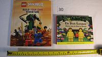Front covers of two LEGO-themed books; 'LEGO Ninjago: Build Your Own Adventure' on the left and 'The Brick Testament: Stories from the Book of Genesis' on the right.