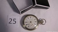 Front view of American Waltham pocket watch showing white dial with Roman numerals and seconds subdial.