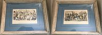 Pair of 2 framed colored illustrations with blue matte and distressed white wood frames showing 19th century scenes.