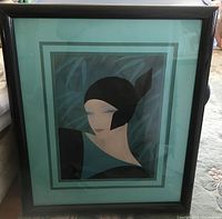 Frontal view of the framed print showing the artwork with teal and green mats and black frame.