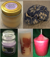 Five candles displayed together showing each in detail including Heathen Herbs beeswax jar candle with gold lid, blue and white frog-shaped candle, Luminessence lemon and lavender scented candle in jar with lid, fall leaf pillar candle with visible crush marks, and maroon pillar candle with dust and stray marks.