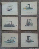 Six vintage colored prints of paddlewheel riverboats laid out in two rows of three, showing the boats from the side with details and colored accents.